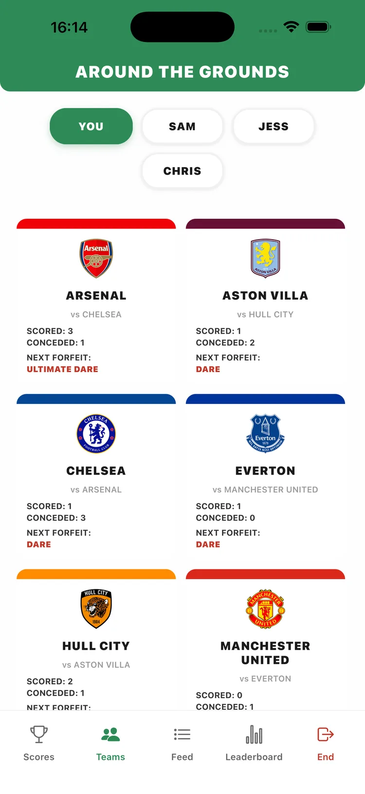 But For Who app showing randomly assigned football teams and their next forfeits